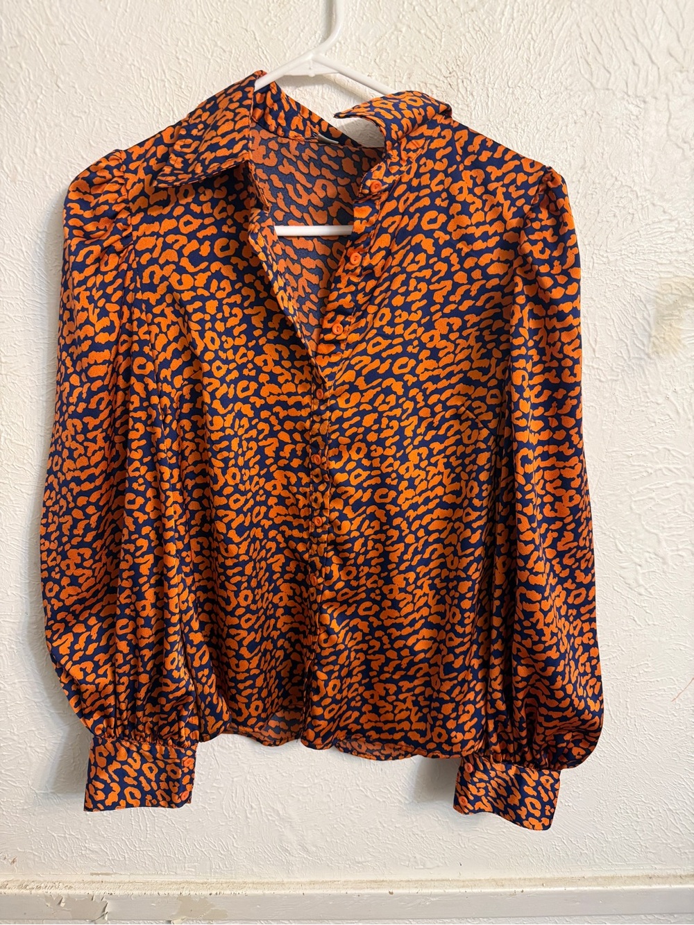 Women's Orange and Navy Animal Print Button-Down Blouse